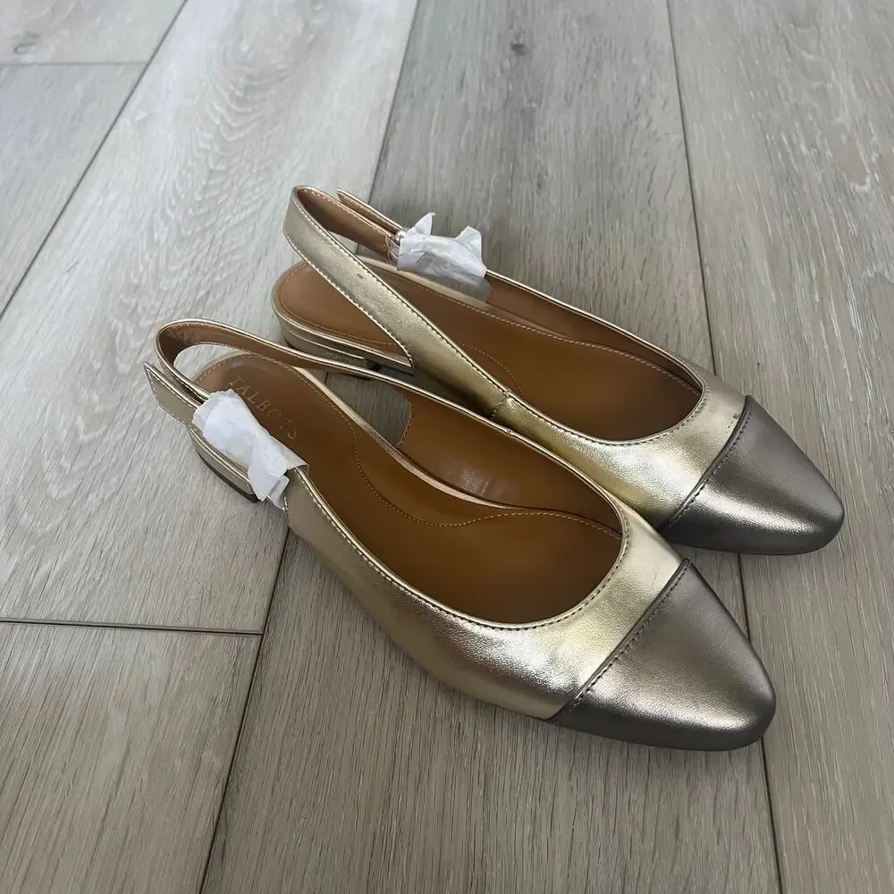 Talbots 'Edison' Womens 9M Metallic Slingback Cap Toe Flat Gold Shoe